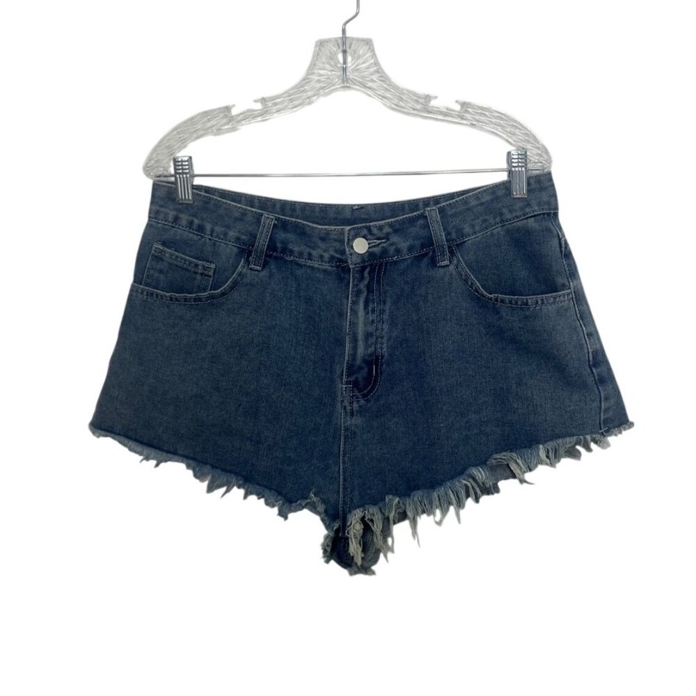 Romwe Distressed Denim Shorts XL Blue Embroidered‎ Back Pockets Frayed Hem